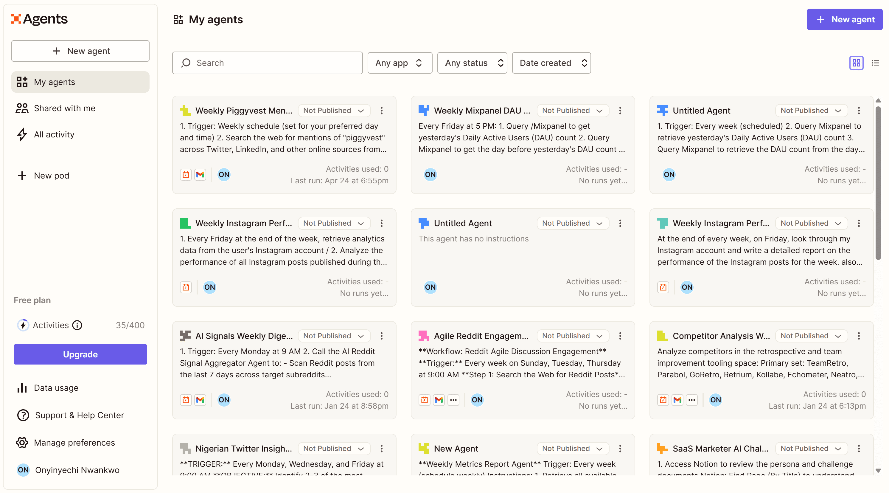 Notion workspace — AI agent cards